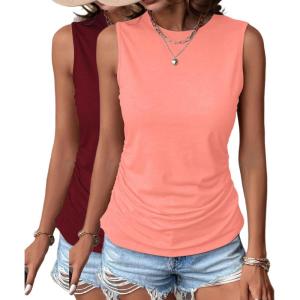 Zeagoo Womens Ruched Tank Tops 2025 Crew Neck Cute Summer Sleeveless Blouse Shirts S-XXL(2 Pack-wine Red and Pink)