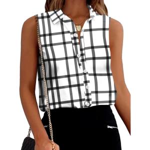 Zeagoo Women’s Sleeveless Button Down Shirts Summer Blouses Casual V Neck Tank Tops for Work Black Plaid