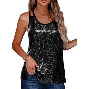 Zeagoo Women’s Sleeveless Sequin Top Sparkle Glitter Top Shimmer Camisole Vest Tank Tops(Black)