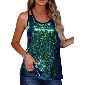 Zeagoo Women’s Sleeveless Sequin Top Sparkle Glitter Top Shimmer Camisole Vest Tank Tops(Dark Green Gradient)