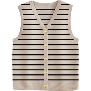 Zeagoo Womens Sweater Vest V Neck Button Down Shirts Trendy Knit Sleeveless Cardigan Top Shirt S-XXL(Beige Stripe)