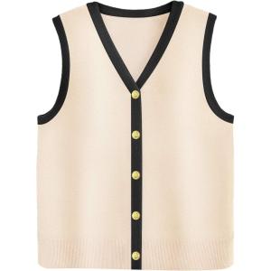 Zeagoo Womens Sweater Vest V Neck Button Down Shirts Trendy Knit Sleeveless Cardigan Top Shirt S-XXL(Black Beige Color Block)