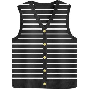 Zeagoo Womens Sweater Vest V Neck Button Down Shirts Trendy Knit Sleeveless Cardigan Top Shirt S-XXL(Black Stripe)