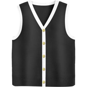 Zeagoo Womens Sweater Vest V Neck Button Down Shirts Trendy Knit Sleeveless Cardigan Top Shirt S-XXL(Black White Color Block)
