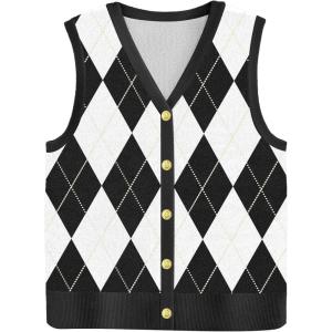 Zeagoo Womens Sweater Vest V Neck Button Down Shirts Trendy Knit Sleeveless Cardigan Top Shirt S-XXL(Black White Diamond)