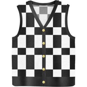 Zeagoo Womens Sweater Vest V Neck Button Down Shirts Trendy Knit Sleeveless Cardigan Top Shirt S-XXL(Black White Plaid)