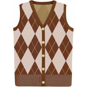Zeagoo Womens Sweater Vest V Neck Button Down Shirts Trendy Knit Sleeveless Cardigan Top Shirt S-XXL(Brown White Diamond)