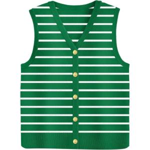 Zeagoo Womens Sweater Vest V Neck Button Down Shirts Trendy Knit Sleeveless Cardigan Top Shirt S-XXL(Green Stripe)