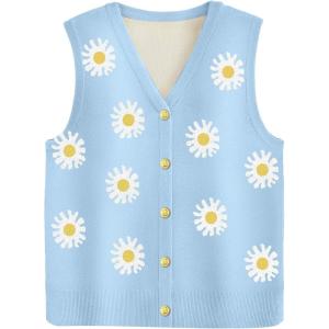 Zeagoo Womens Sweater Vest V Neck Button Down Shirts Trendy Knit Sleeveless Cardigan Top Shirt S-XXL(White Flower)