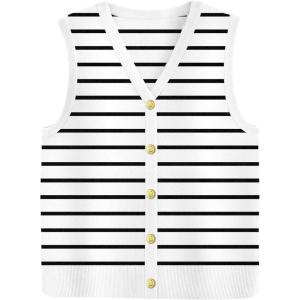 Zeagoo Womens Sweater Vest V Neck Button Down Shirts Trendy Knit Sleeveless Cardigan Top Shirt S-XXL(White Stripe)