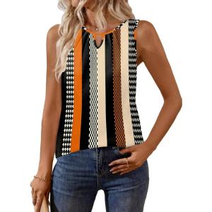 Zeagoo Womens Tank Tops Crewneck Loose Fit Basic Business Casual Summer Sleeveless Shirts Blouse S-XXL(Black Orange Stripe)