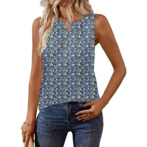 Zeagoo Womens Tank Tops Crewneck Loose Fit Basic Business Casual Summer Sleeveless Shirts Blouse S-XXL(Blue Pink Flower)