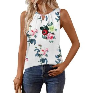 Zeagoo Womens Tank Tops Crewneck Loose Fit Basic Business Casual Summer Sleeveless Shirts Blouse S-XXL(White Flower)