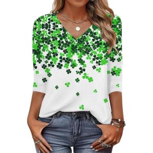 Zeagoo Womens Blouse Casual 3/4 Length Sleeve V Neck Basic T-Shirts Spring Summer Cute Tunic Tops Business Work Tees(Clover Print-sp77)