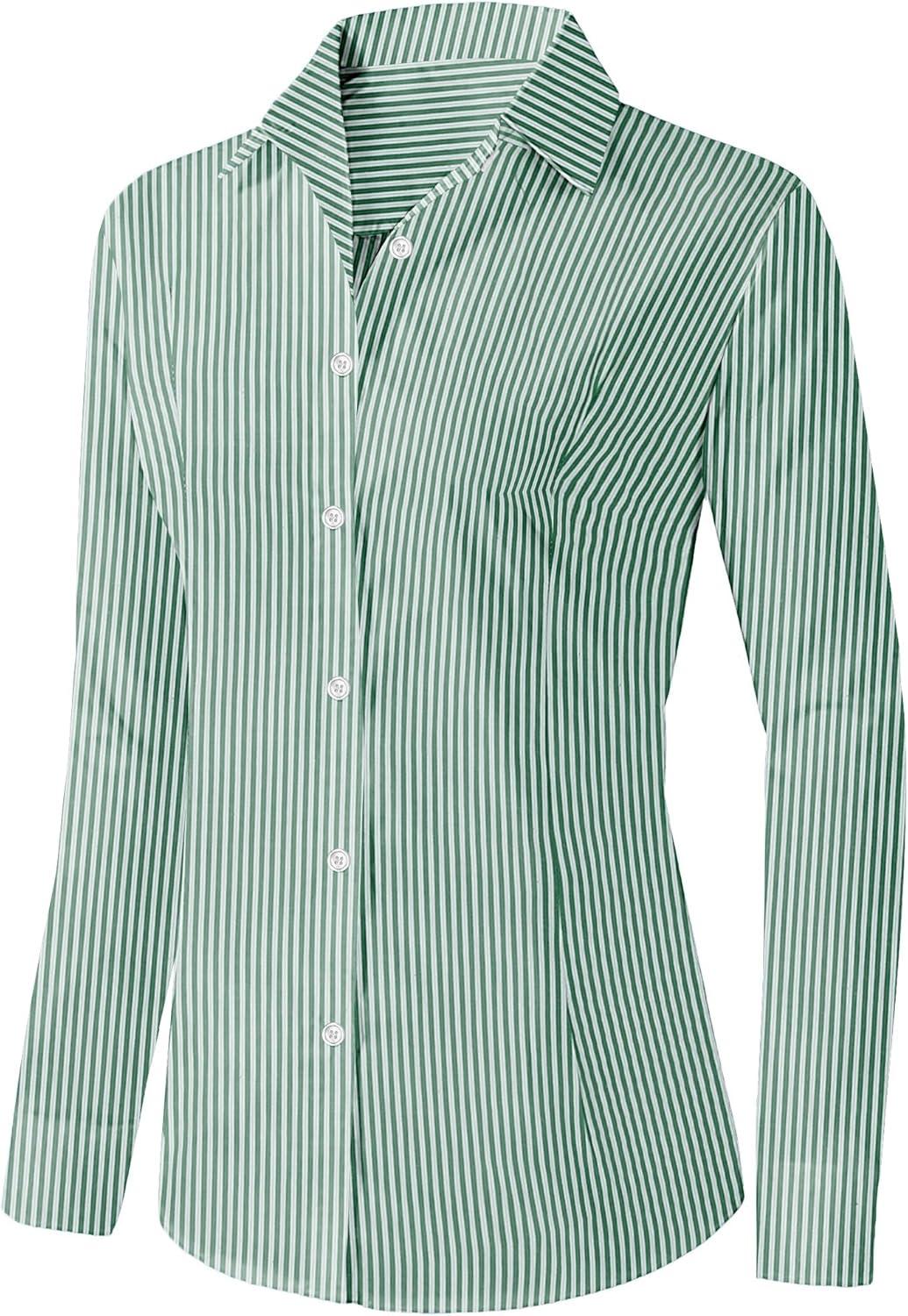 imageZeagoo Womens Button Down Shirts Long Sleeve V Neck Tops Wrinkle Free Collared Work Office Solid Blouses Corset TopsGreen Stripe