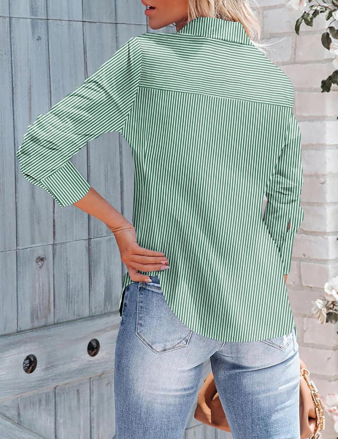 imageZeagoo Womens Button Down Shirts Long Sleeve V Neck Tops Wrinkle Free Collared Work Office Solid Blouses Corset TopsGreen Stripe
