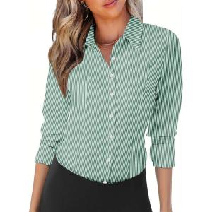 Zeagoo Womens Button Down Shirts Long Sleeve V Neck Tops Wrinkle Free Collared Work Office Solid Blouses Corset Tops(Green Stripe)