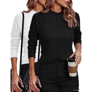 Zeagoo Womens Long Sleeve T Shirts Casual Mock Neck Tops Fall Pleated Blouses Basic Trendy Clothes 2024(Z-black/White)