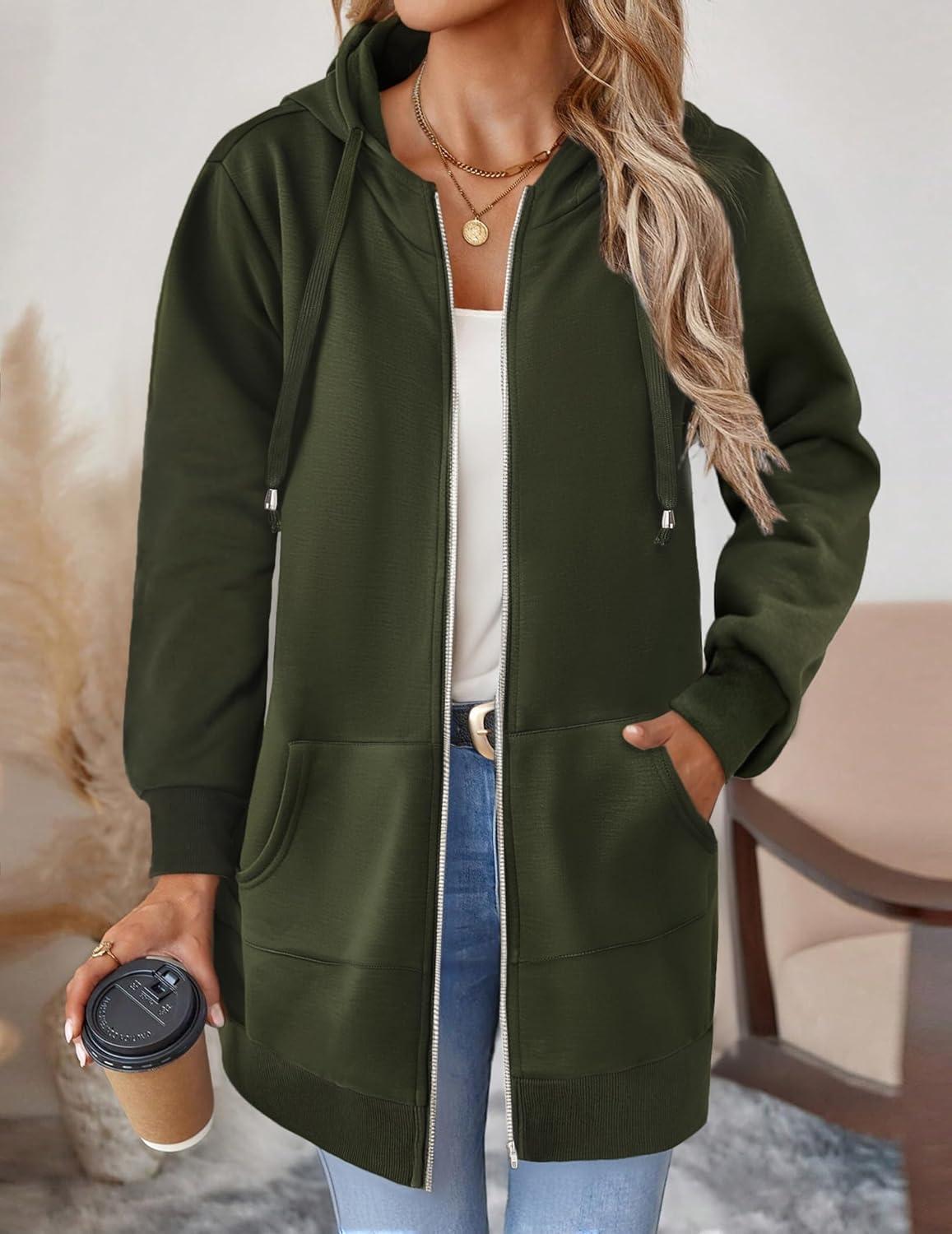 imageZeagoo Womens Zip Up Hoodies Long Tunic Sweatshirts Oversized Fleece Casual Long Sleeve 2026 Fall Hoodie Jacket CoatArmy Green