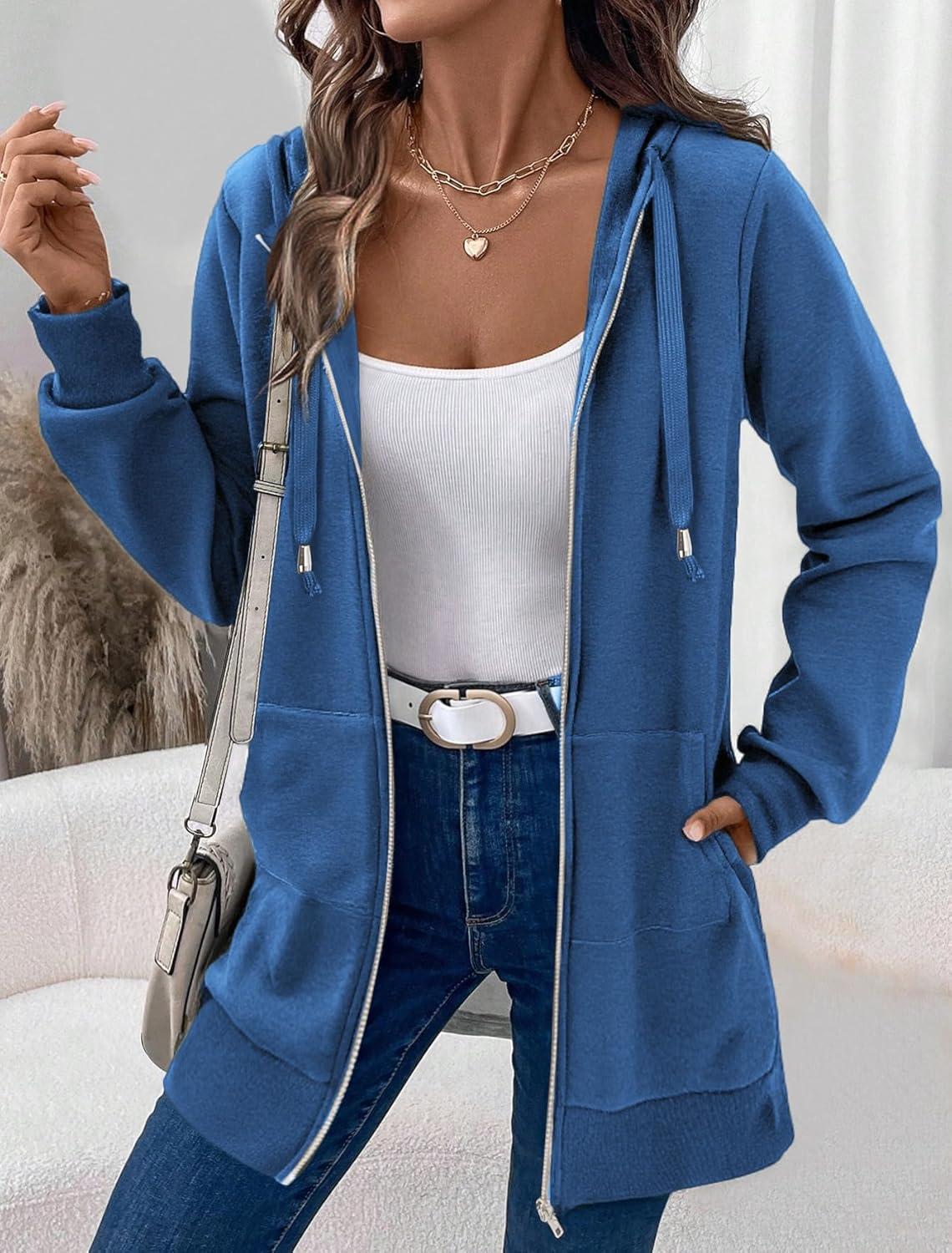 imageZeagoo Womens Zip Up Hoodies Long Tunic Sweatshirts Oversized Fleece Casual Long Sleeve 2026 Fall Hoodie Jacket CoatBlue