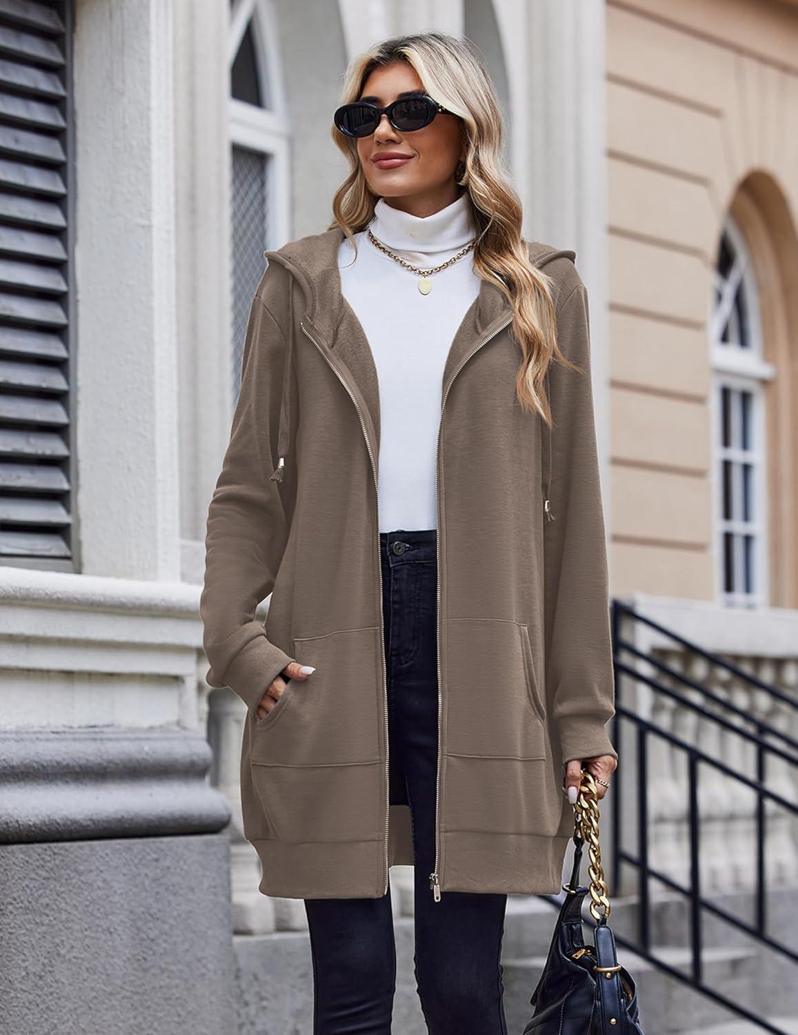 imageZeagoo Womens Zip Up Hoodies Long Tunic Sweatshirts Oversized Fleece Casual Long Sleeve 2026 Fall Hoodie Jacket CoatCoffeegrey