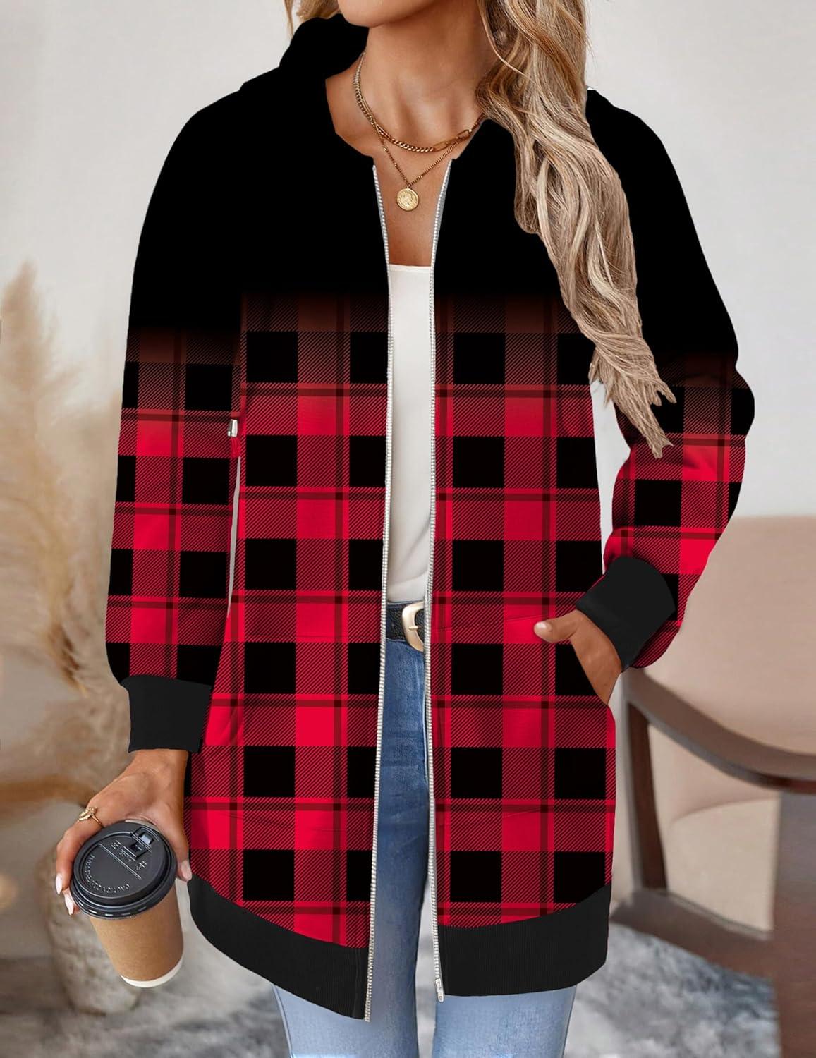 imageZeagoo Womens Zip Up Hoodies Long Tunic Sweatshirts Oversized Fleece Casual Long Sleeve 2026 Fall Hoodie Jacket CoatPlaidprint