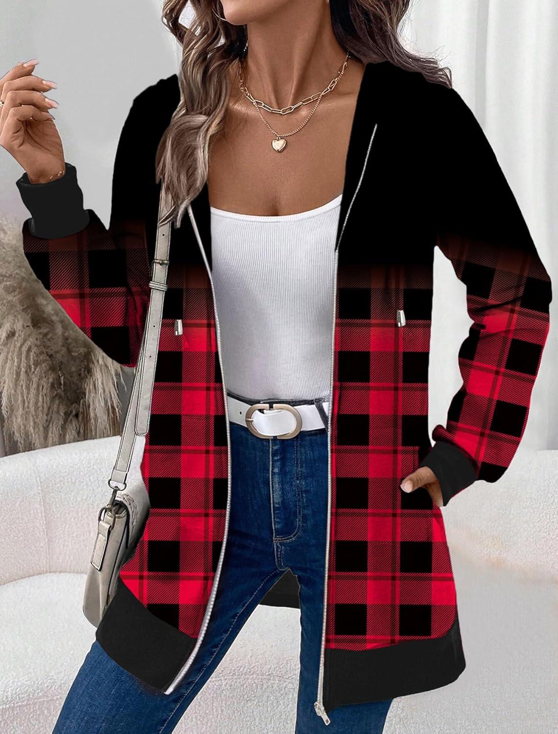 imageZeagoo Womens Zip Up Hoodies Long Tunic Sweatshirts Oversized Fleece Casual Long Sleeve 2026 Fall Hoodie Jacket CoatPlaidprint