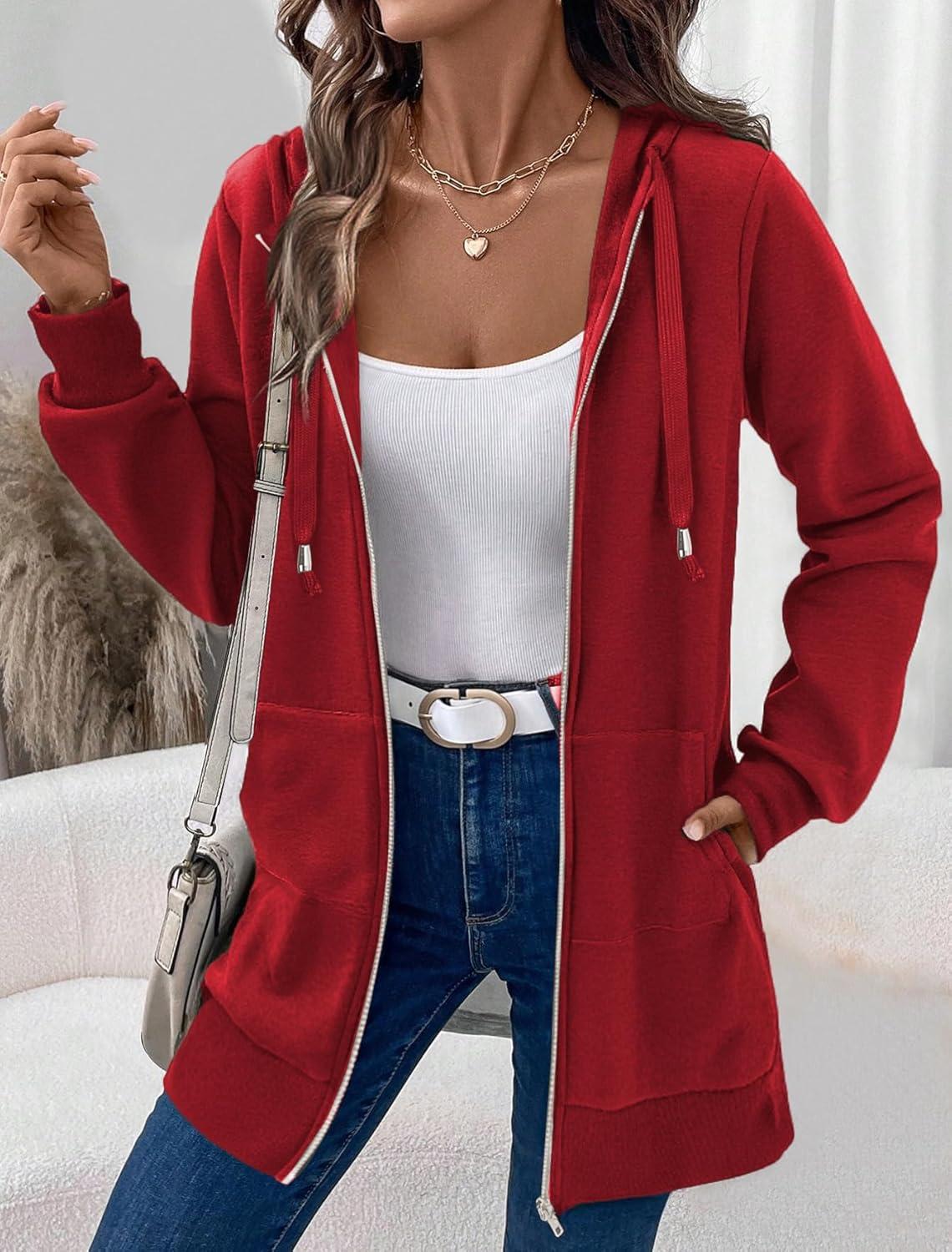 imageZeagoo Womens Zip Up Hoodies Long Tunic Sweatshirts Oversized Fleece Casual Long Sleeve 2026 Fall Hoodie Jacket CoatRed