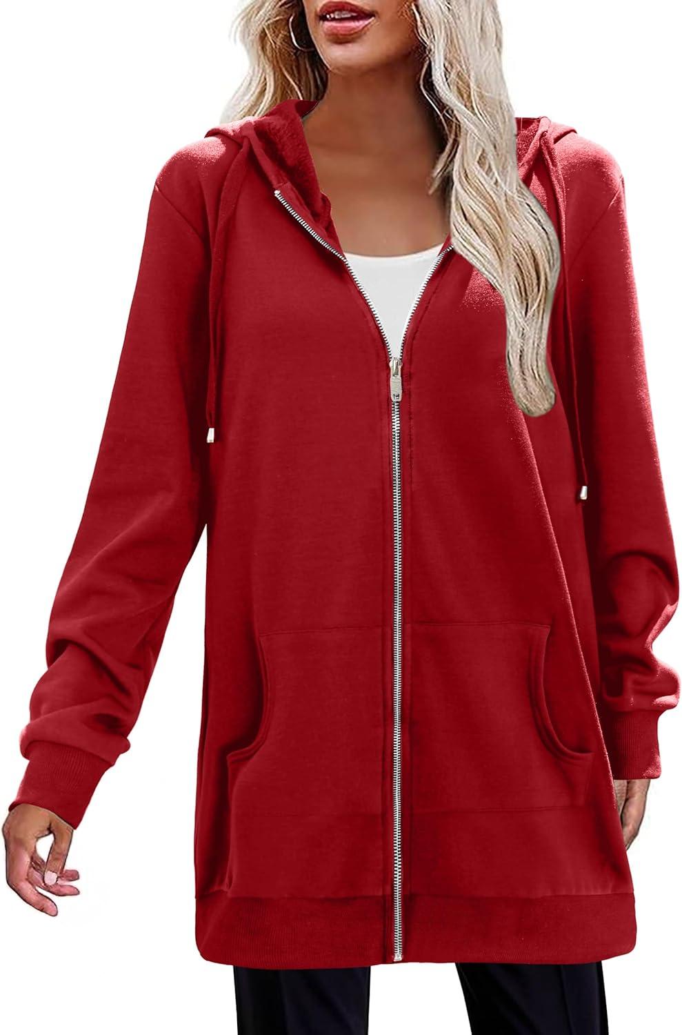 imageZeagoo Womens Zip Up Hoodies Long Tunic Sweatshirts Oversized Fleece Casual Long Sleeve 2026 Fall Hoodie Jacket CoatRed