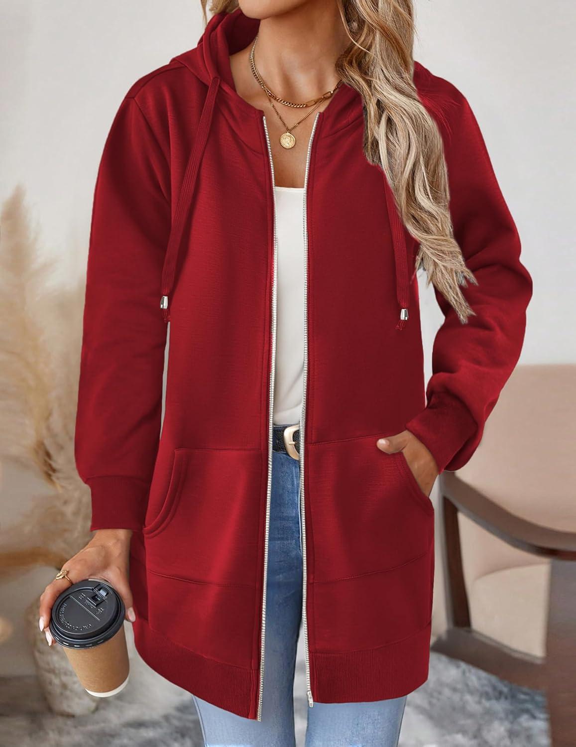 imageZeagoo Womens Zip Up Hoodies Long Tunic Sweatshirts Oversized Fleece Casual Long Sleeve 2026 Fall Hoodie Jacket CoatRed