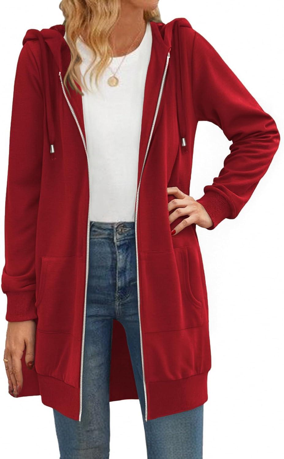 imageZeagoo Womens Zip Up Hoodies Long Tunic Sweatshirts Oversized Fleece Casual Long Sleeve 2026 Fall Hoodie Jacket CoatRed