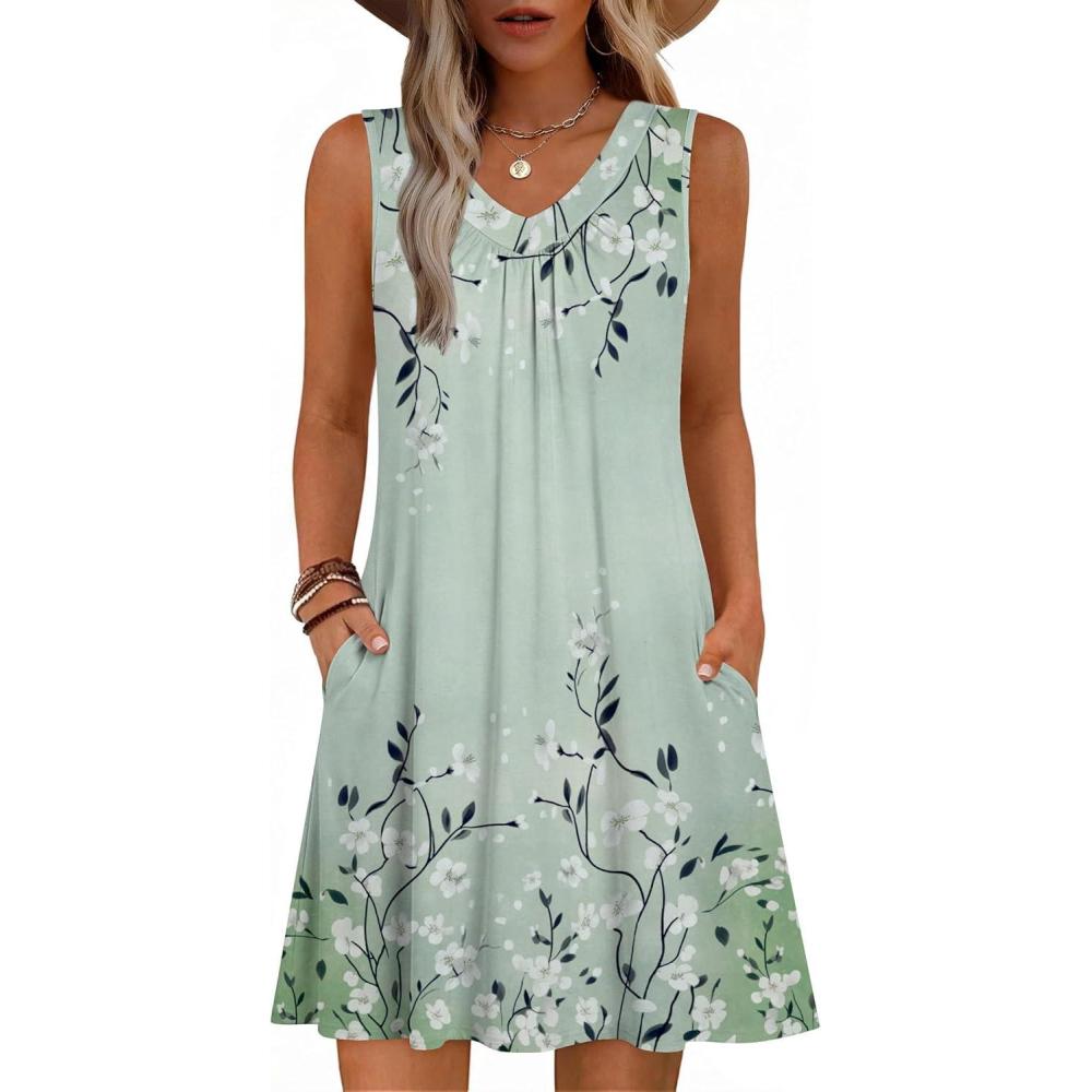 imageZeagoo Summer Dresses for Women 2026 Sleeveless Dress V Neck Tank Dress Pleated Floral Tshirt Sundresses with PocketsGreen Floralprinted