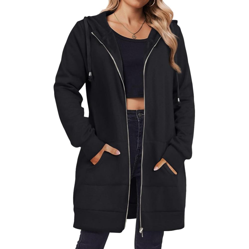 imageZeagoo Womens Zip Up Hoodies Long Tunic Sweatshirts Oversized Fleece Casual Long Sleeve 2026 Fall Hoodie Jacket Coat01black