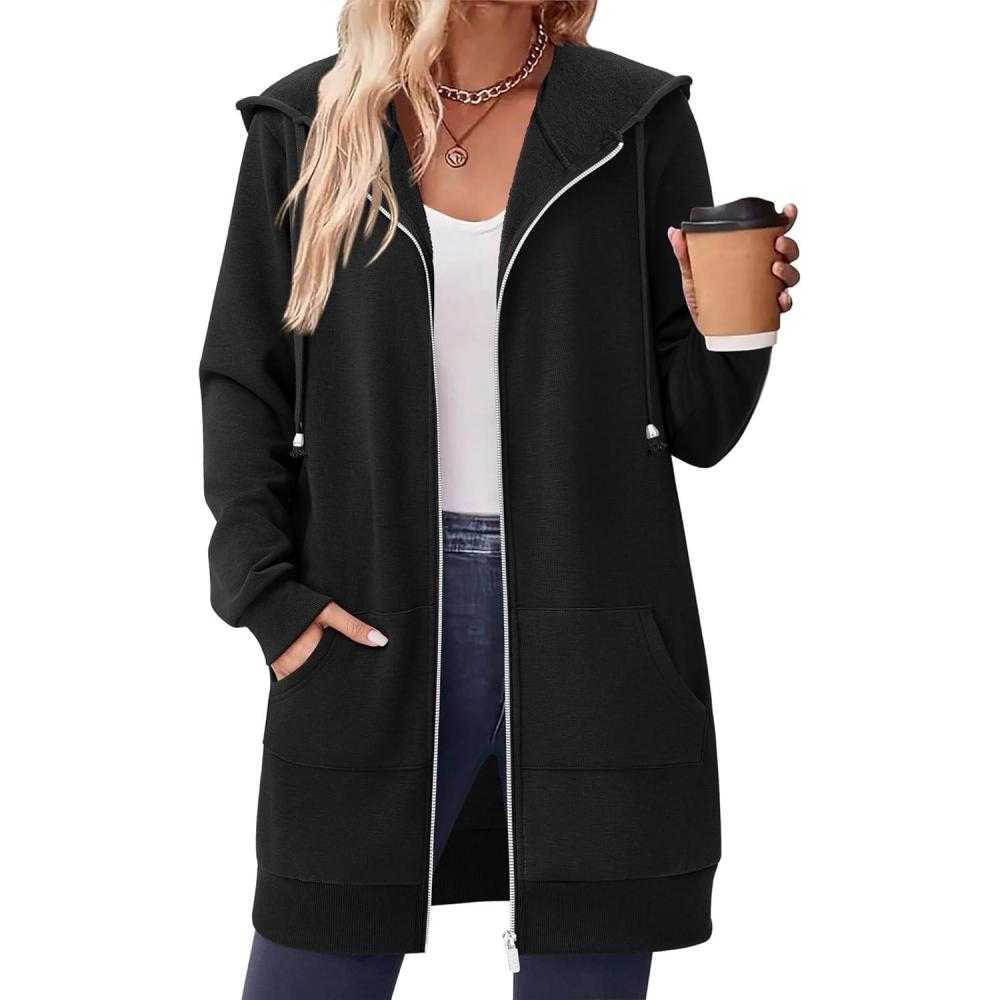 imageZeagoo Womens Zip Up Hoodies Long Tunic Sweatshirts Oversized Fleece Casual Long Sleeve 2026 Fall Hoodie Jacket CoatBlack