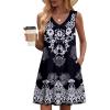 Zeagoo Summer Dresses for Women 2026 Sleeveless Dress V Neck Tank Dress Pleated Floral Tshirt Sundresses with Pockets(Black White Floral)
