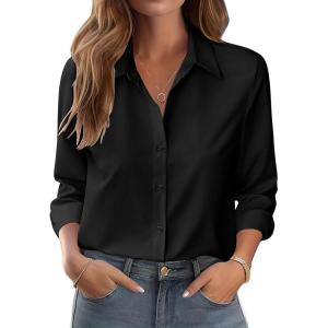 Zeagoo Button Down Shirts for Women Dressy Floral Printed Long Sleeve Blouse Business Casual Work Tops(A Black)