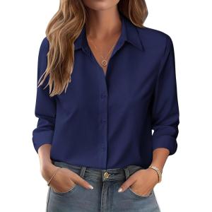 Zeagoo Button Down Shirts for Women Dressy Floral Printed Long Sleeve Blouse Business Casual Work Tops(A Navy Blue)