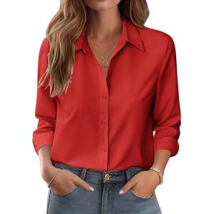 Zeagoo Button Down Shirts for Women Dressy Floral Printed Long Sleeve Blouse Business Casual Work Tops(A Red)