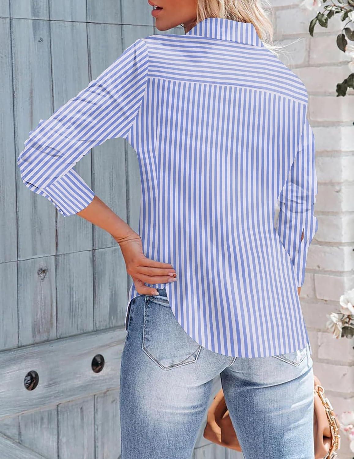 imageZeagoo Womens Button Down Shirts Long Sleeve V Neck Tops Wrinkle Free Collared Work Office Solid Blouses Corset TopsWide Blue Stripe