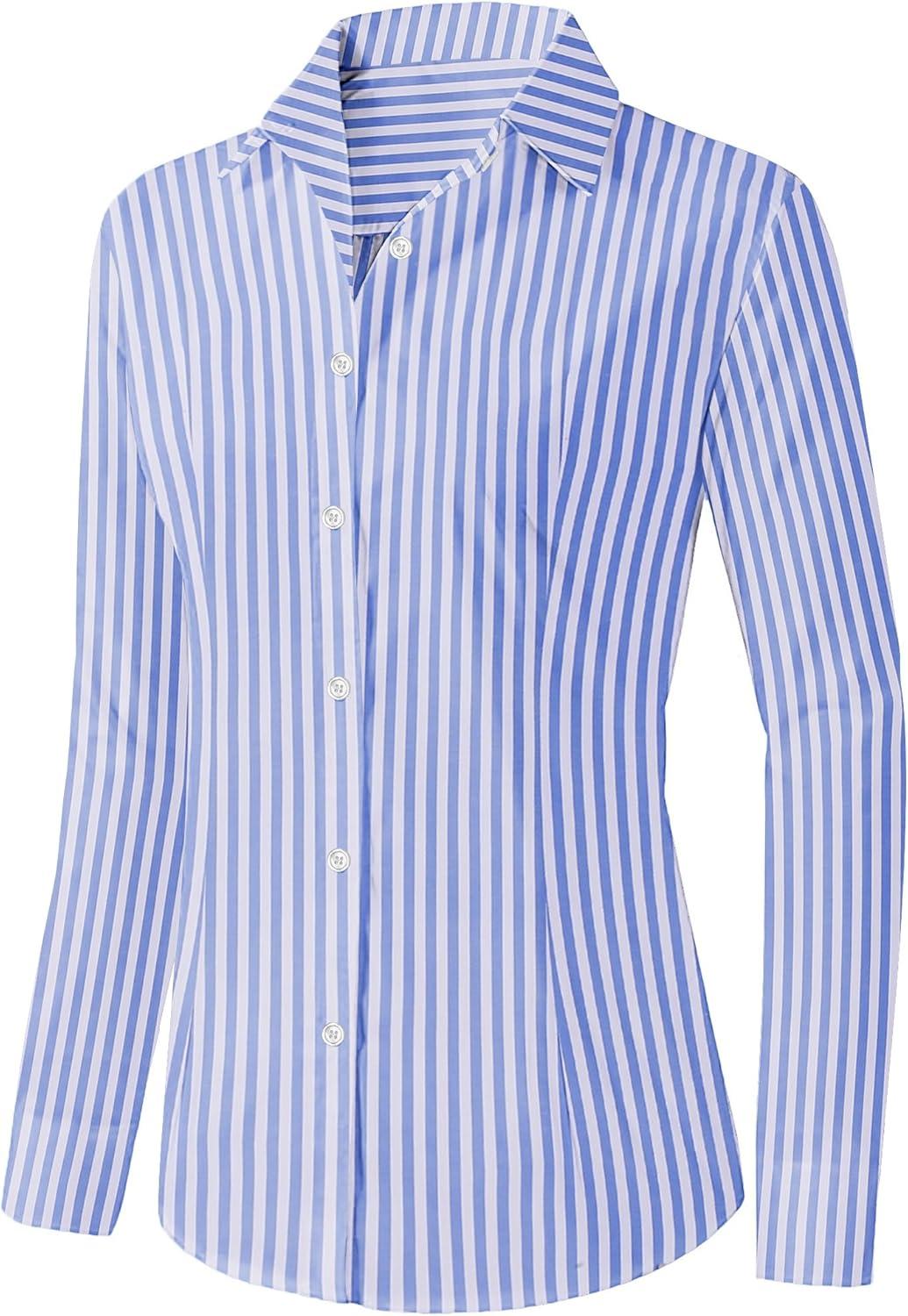 imageZeagoo Womens Button Down Shirts Long Sleeve V Neck Tops Wrinkle Free Collared Work Office Solid Blouses Corset TopsWide Blue Stripe