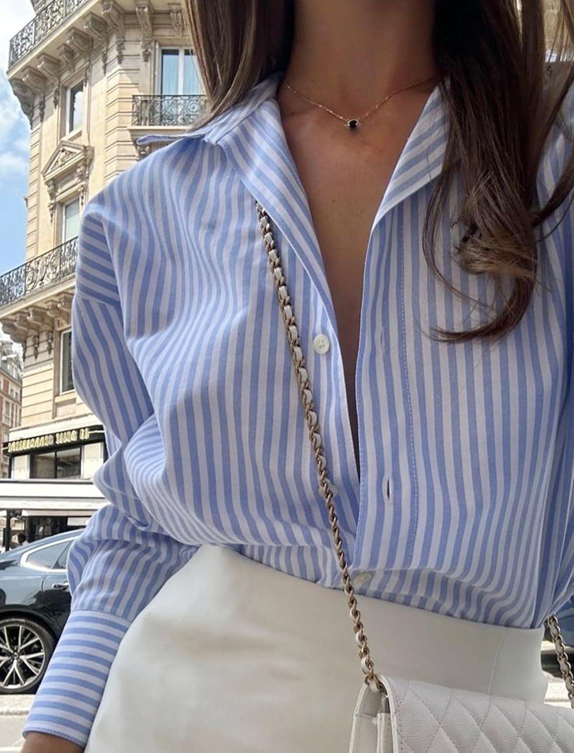 imageZeagoo Womens Button Down Shirts Long Sleeve V Neck Tops Wrinkle Free Collared Work Office Solid Blouses Corset TopsWide Blue Stripe
