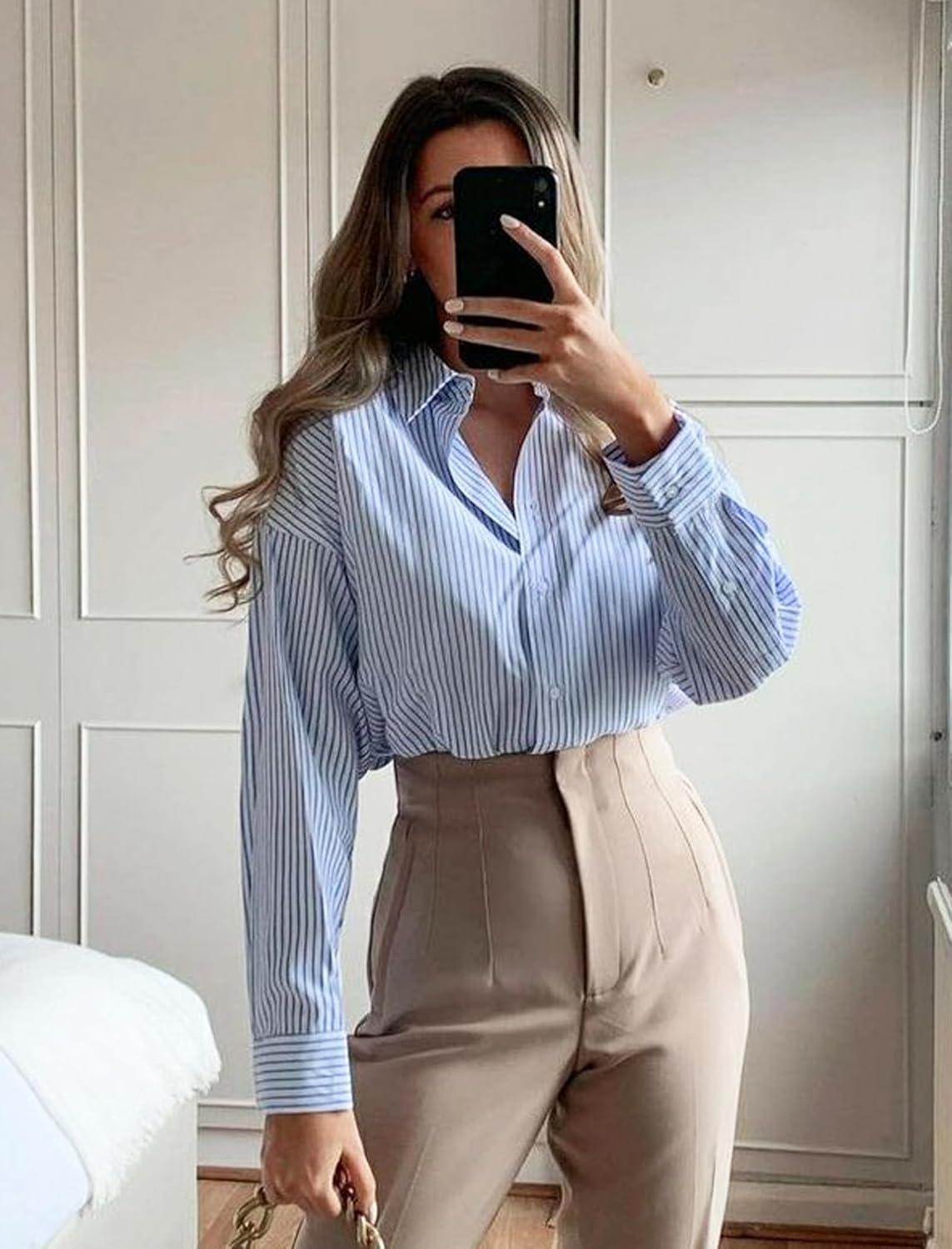 imageZeagoo Womens Button Down Shirts Long Sleeve V Neck Tops Wrinkle Free Collared Work Office Solid Blouses Corset TopsWide Blue Stripe