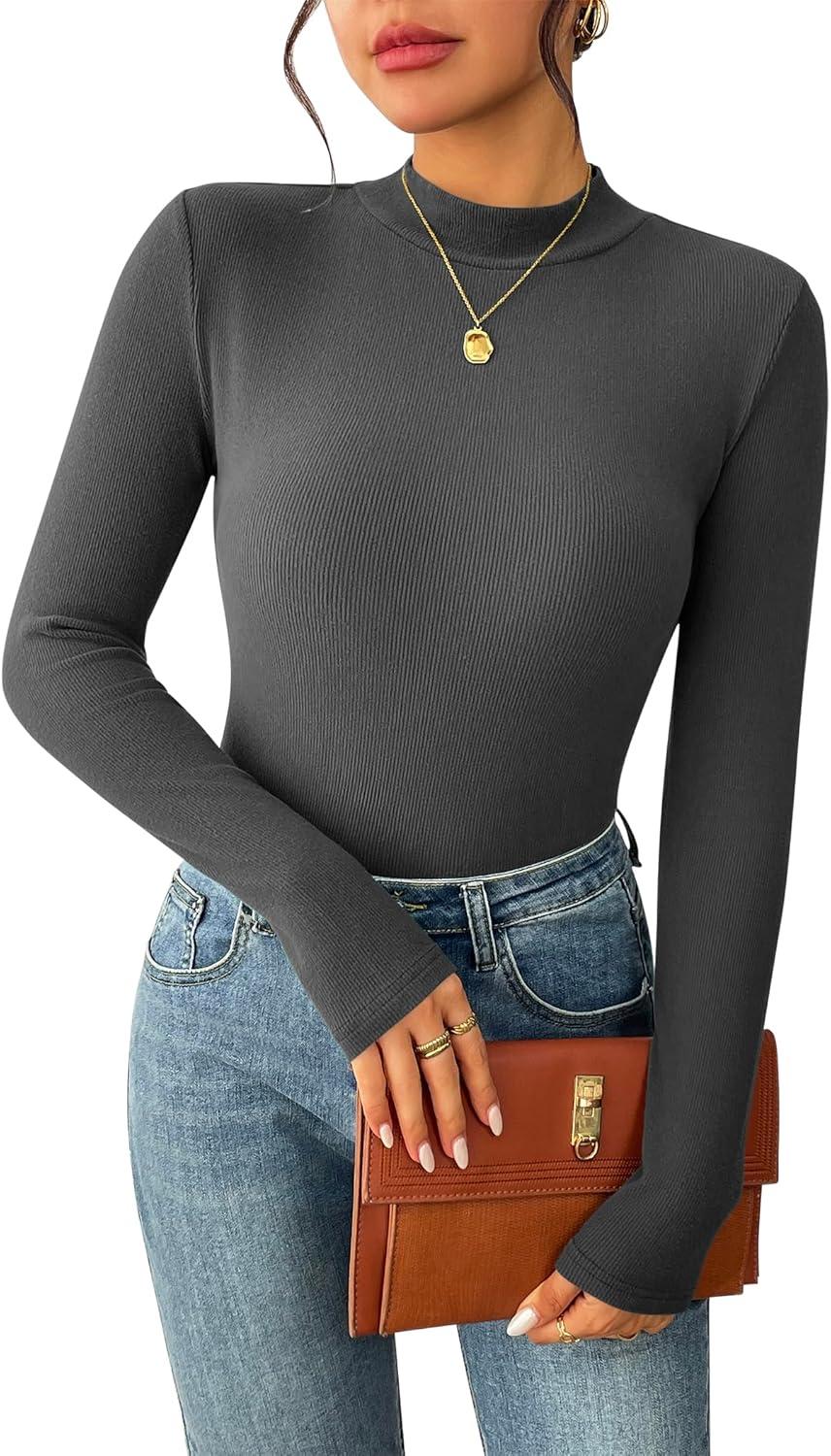 imageZeagoo Womens Long Sleeve Stretch Shirts Mock Neck Ribbed TShirt Fitted Casual Basic Tops 2024Dark Grey