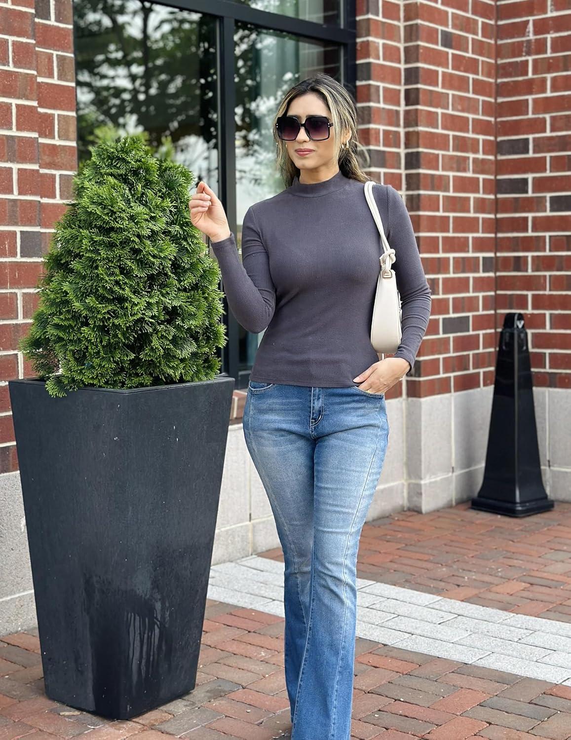 imageZeagoo Womens Long Sleeve Stretch Shirts Mock Neck Ribbed TShirt Fitted Casual Basic Tops 2024Dark Grey