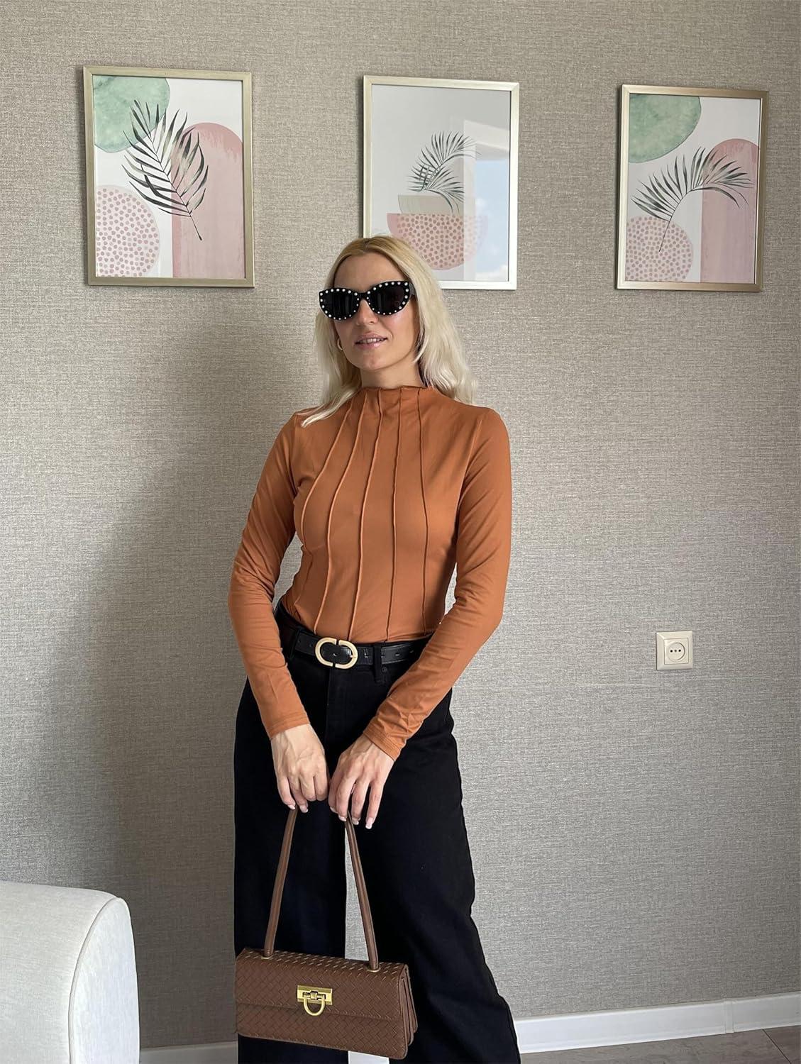 imageZeagoo Womens Long Sleeve T Shirts Casual Mock Neck Tops Fall Pleated Blouses Basic Trendy Clothes 2024Light Brown