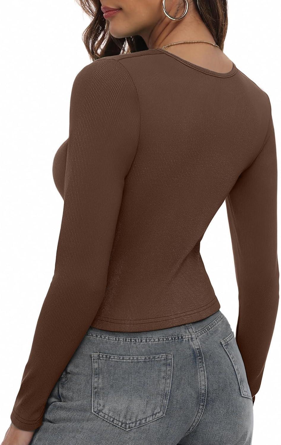 imageZeagoo Womens Ribbed Fitted Crop Tops Long Sleeve T Shirts Basic Scoop Neck Casual Slim Fitted Y2k Clothes 2026Black brown