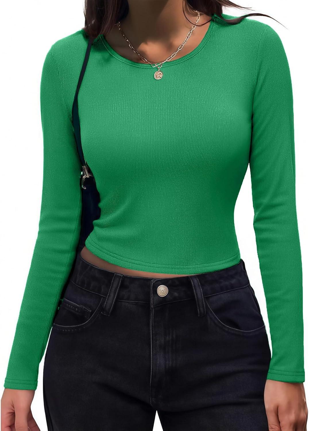 imageZeagoo Womens Ribbed Fitted Crop Tops Long Sleeve T Shirts Basic Scoop Neck Casual Slim Fitted Y2k Clothes 2026Black green