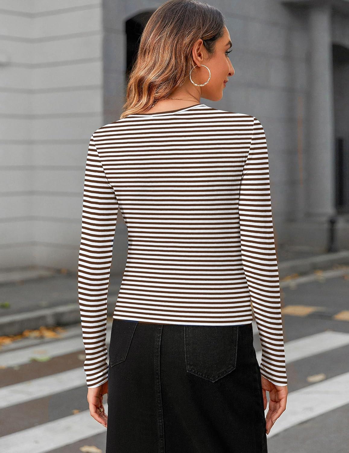 imageZeagoo Womens Ribbed Fitted Crop Tops Long Sleeve T Shirts Basic Scoop Neck Casual Slim Fitted Y2k Clothes 2026White Brown Stripe