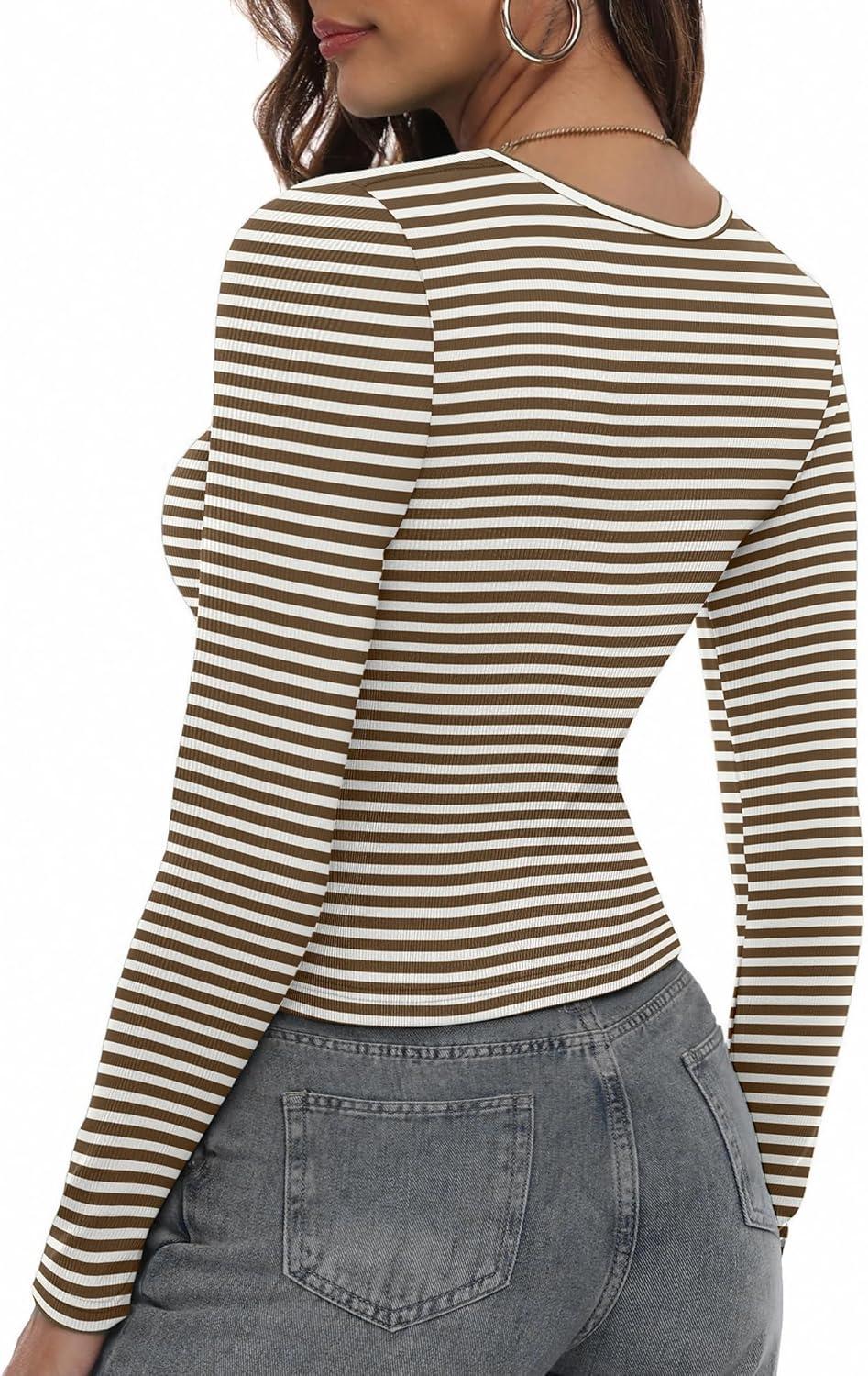 imageZeagoo Womens Ribbed Fitted Crop Tops Long Sleeve T Shirts Basic Scoop Neck Casual Slim Fitted Y2k Clothes 2026White Brown Stripe