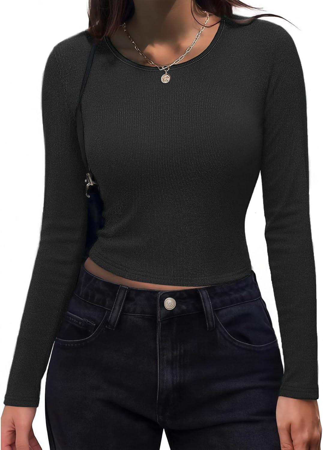 imageZeagoo Womens Ribbed Fitted Crop Tops Long Sleeve T Shirts Basic Scoop Neck Casual Slim Fitted Y2k Clothes 2026White Brown Stripe